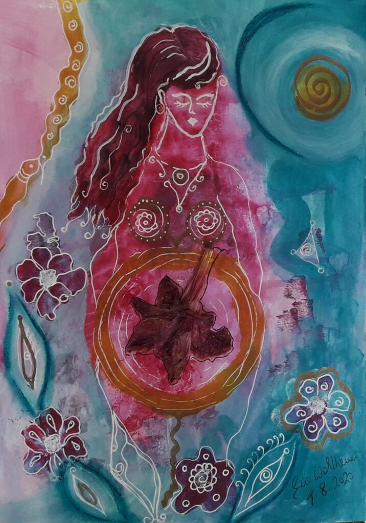 Collage Frau in rosa mit einer Blume auf ihren Körper
