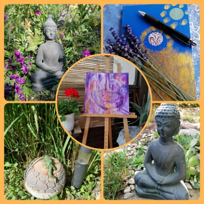 Collage mit Motiven aus dem Garten, einem Buddha, einem Journal und einem Bild auf einer Staffelei