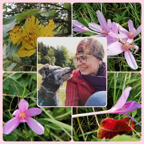 Collage Blumen Hund und Frau